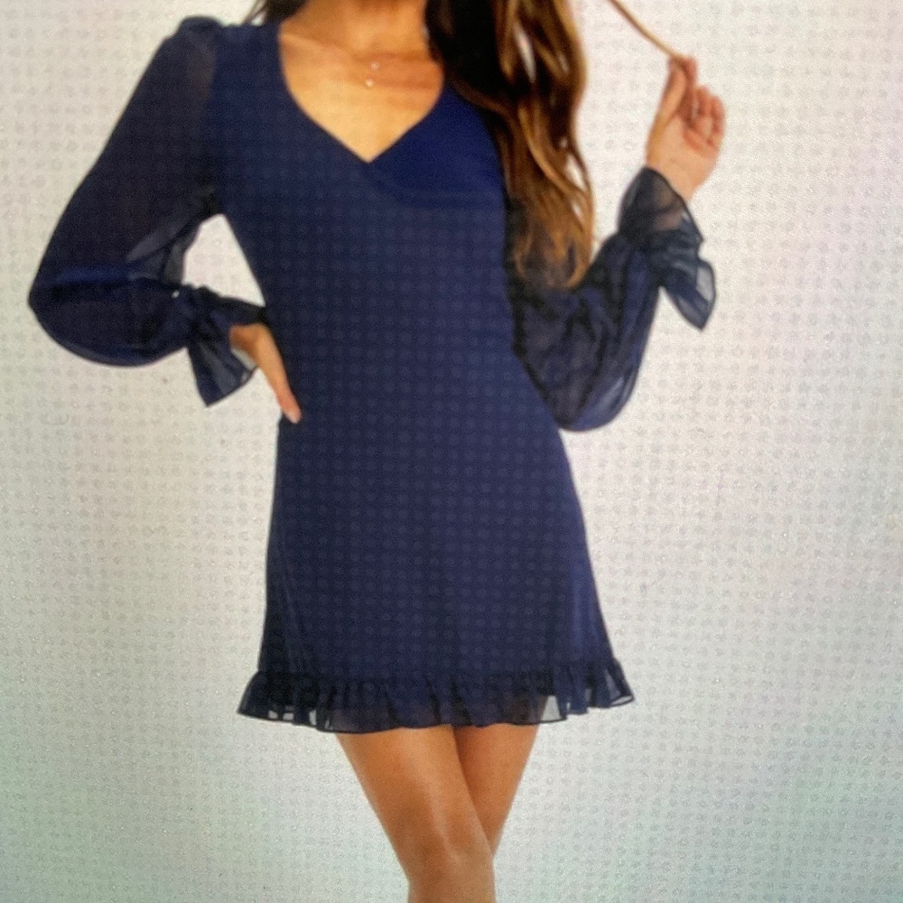 Lulu’s Navy Blue long Sleeve, deep V, ruffled mini dress.